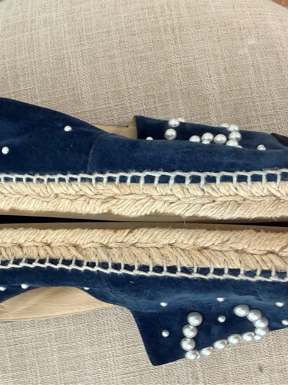 CHANEL Navy Blue Velvet Espadrilles with Pearl CC Logo